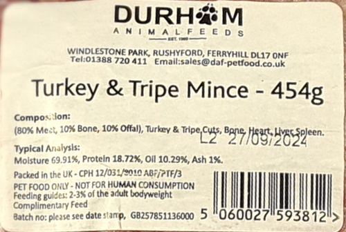 DAF Turkey and Tripe Mince Label