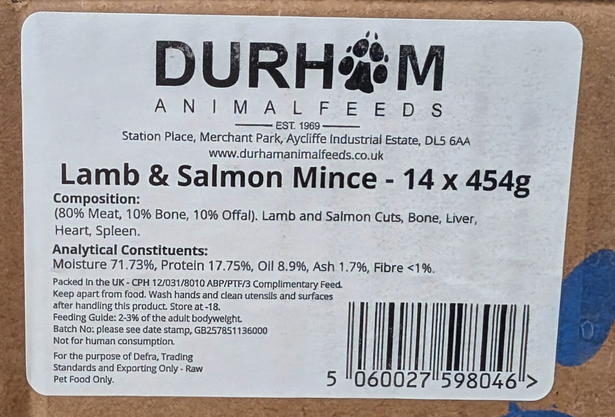 Lamb and Salmon box label